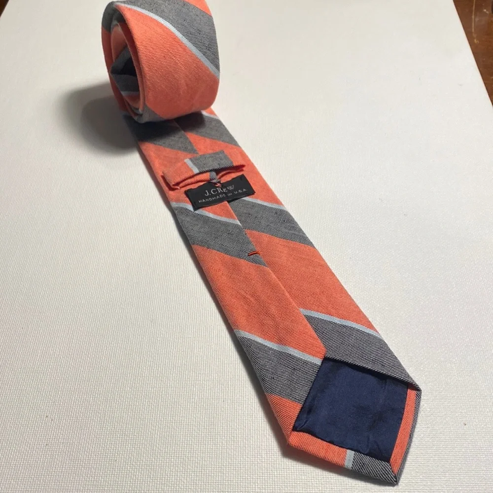 J. Crew Orange and Gray Striped Linen/Cotton Tie